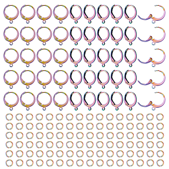Nbeads 60Pcs 2 Style Rainbow Color 304 Stainless Steel Leverback Earring Findings, Ear Wire, with Horizontal Loops, Cadmium Free & Nickel Free & Lead Free, 15~16x10.5~13mm, Hole: 1.4~1.5mm, Pin: 0.7~0.8mm, 30Pcs/style