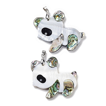 Natural Paua Shell & Black Lip Shell & White Shell Pendants, Panda Charms with Stainless Steel Color Tone Stainless Steel Snap on Bails, 44x47x4~4.5mm, Hole: 6x4.2mm