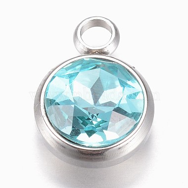 Stainless Steel Color Aquamarine Flat Round Glass Charms