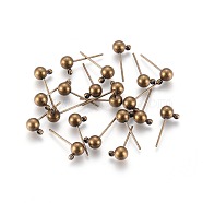 Brass Ball Post Ear Studs, with Loop & 304 Stainless Steel Pins, Nickel Free, Antique Bronze, 15.2~15.7x5mm, Hole: 1mm, Pin: 0.7mm(EC254-NFAB)