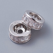 Brass Beads, with Clear Cubic Zirconia, Long-Lasting Plated, Column, Platinum, 8x3.5mm, Hole: 1.6mm(KK-I665-04B-P)