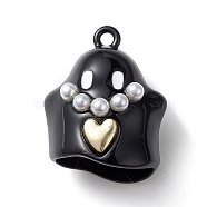 Halloween Spray Painted Alloy Pendants, with Plastic Pearls, Ghost Charm, Black, 24x20x16mm, Hole: 2mm(PALLOY-R139-02B-02)