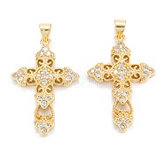 Brass Micro Pave Clear Cubic Zirconia Pendants, Long-Lasting Plated, Cross, Real 18K Gold Plated, 32x21x3mm, Hole: 5X3.5mm(ZIRC-M115-21G)
