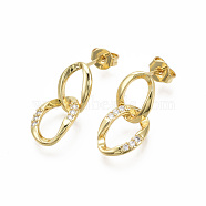 Brass Micro Pave Clear Cubic Zirconia Dangle Stud Earrings, with Ear Nuts, Nickel Free, Curb Chain, Real 18K Gold Plated, 20x9mm, Pin: 0.7mm(EJEW-R144-007-NF)