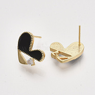 Brass Enamel Stud Earring Findings, with Cubic Zirconia and Loop, Real 18K Gold Plated, Nickel Free, Heart, Clear, Black, 11.5x14mm, Hole: 0.8mm, Pin: 0.8mm(KK-T038-574A-G-NF)