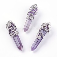 Natural Amethyst Big Pointed Pendants, with Platinum Plated Brass Findings, Bullets, 55~60x16mm, Hole: 5x8.5mm(G-A172-16C)