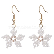 Glass Seed Braided Snowflake Dangle Earrings, Golden 304 Stainless Steel Wire Wrap Christmas Earrings for Women, White, 42mm, Pin: 0.7mm(EJEW-MZ00069-03)