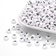 Acrylic Beads, with Horizontal Hole, Letter, Flat Round, Letter.P, 7x4mm, Hole: 1mm, about 3500pcs/500g(PL37C9070-P)