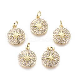 Brass Micro Pave Cubic Zirconia Charms, with Jump Rings, Flat Round, with Star, Clear, Golden, 13.5x11x2mm, Jump Rings: 2.5mm(X-KK-D159-09G)
