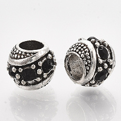 Alloy Rhinestone European Beads, Rondelle Large Hole Beads, Antique Silver, Jet, 11x10mm, Hole: 5mm(MPDL-R036-08H)