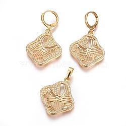 Brass Micro Pave Cubic Zirconia Jewelry Sets, Pendant and Earrings, Long-Lasting Plated, Rhombus, Real 24K Gold Plated, 34.5mm, Hole: 4.5x6mm, 41mm, Pin: 1mm(SJEW-F189-01G)