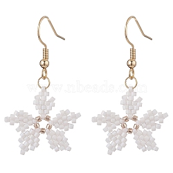 Glass Seed Braided Snowflake Dangle Earrings, Golden 304 Stainless Steel Wire Wrap Christmas Earrings for Women, White, 42mm, Pin: 0.7mm(EJEW-MZ00069-03)
