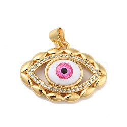 Brass Micro Pave Cubic Zirconia Pendants, with Acrylic, Cadmium Free & Lead Free, Long-Lasting Plated, Evil Eye, Real 18K Gold Plated, Deep Pink, 19.5x26x7mm, Hole: 4x3.5mm(KK-B059-44G-A)
