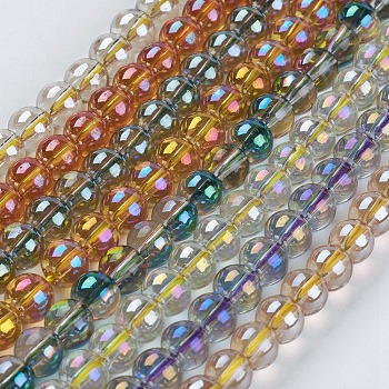 Electroplate Glass Beads Strands, Full Rainbow Plated, Round, Mixed Color, 8~8.5mm, Hole: 1mm, about 52~54pcs/strand, 15.5 inch~15.7 inch