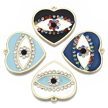 Alloy Enamel Pendants, Cadmium Free & Lead Free, with Rhinestone, Heart with Eye, Light Gold, Mixed Color, 32x34x3mm, Hole: 1.6mm