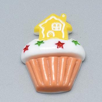 Resin Cabochons, Cake with House, Yellow, 29.5x22x8.5mm