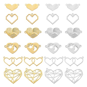 12Pcs 12 Style 201 Stainless Steel Connector Charms & Pendants, Heart, Gunmetal & Golden, 9.5~23x18~26.5x1mm, Hole: 1.4mm, 1Pc/style