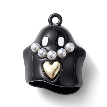 Halloween Spray Painted Alloy Pendants, with Plastic Pearls, Ghost Charm, Black, 24x20x16mm, Hole: 2mm