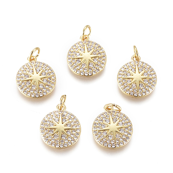 Brass Micro Pave Cubic Zirconia Charms, with Jump Rings, Flat Round, with Star, Clear, Golden, 13.5x11x2mm, Jump Rings: 2.5mm