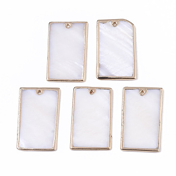 Natural Freshwater Shell Pendants, Brass Edge Golden Plated, Rectangle, Seashell Color, 29x17x1~2mm, Hole: 1.2mm
