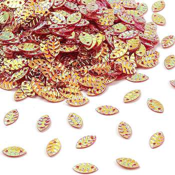 Plastic Sequins Beads, Golden Sheen, Sewing Craft Decorations, Leaf, Cerise, 4.5x8.5x0.4~0.6mm, Hole: 0.9mm