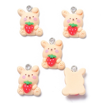 Resin Pendants, with Iron Loop, Rabbit with Strawberry, Bisque, 21x18x7mm, Hole: 2mm