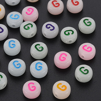 Acrylic Beads, Glow in the Dark, with Enamel and Luminous, Horizontal Hole, Flat Round with Alphabet, Letter.G, 6.5x7x4mm, Hole: 1.6mm, about 3600pcs/500g