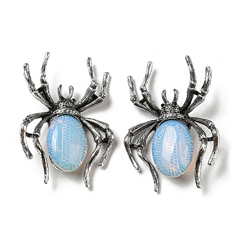 Dual-use Items Alloy Pave Jet Rhinestone Spider Brooch, with Opalite, Antique Silver, 57.5x41.5x12mm, Hole: 4.5x4mm