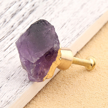 Natural Amethyst Drawer Knob, with Brass Findings and Screws, Cabinet Pulls Handles for Drawer, Doorknob Accessories, Nuggets, 35~45x25~35mm