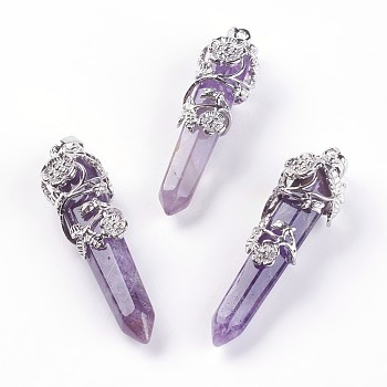 Natural Amethyst Big Pointed Pendants, with Platinum Plated Brass Findings, Bullets, 55~60x16mm, Hole: 5x8.5mm