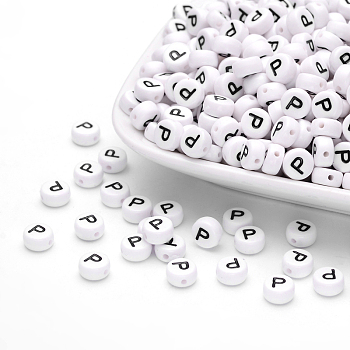 Acrylic Beads, with Horizontal Hole, Letter, Flat Round, Letter.P, 7x4mm, Hole: 1mm, about 3500pcs/500g