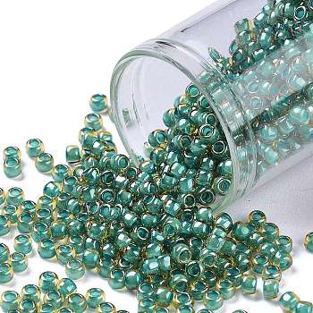 TOHO Round Seed Beads, Japanese Seed Beads, (953) Inside Color Jonquil/Turquoise Lined, 8/0, 3mm, Hole: 1mm, about 222pcs/10g