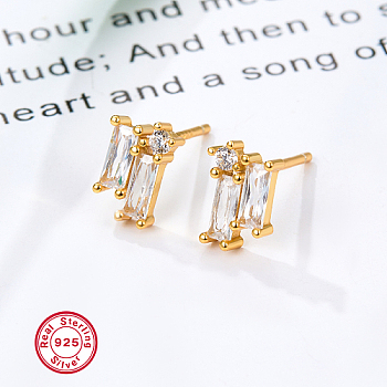 Cubic Zirconia Rectangle Stud Earrings, Golden 925 Sterling Silver Post Earrings, with 925 Stamp, Clear, 8.5x5.8mm