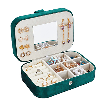 Rectangle Velvet Jewelry Set Box, Jewelry Organizer Case with Mirror, for Earring, Ring, Bracelet Storage, Dark Green, 11.5x16x5.6cm