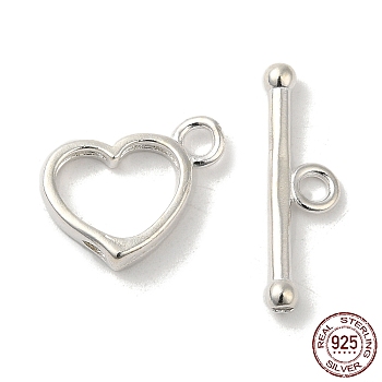 Sterling Silver Toggle Clasps, Heart, Toggle: 10x14mm, Bar: 19x6mm, Hole: 2mm