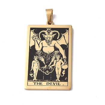 201 Stainless Steel Pendant, Golden, Rectangle with Tarot Pattern, The Devil  XV, 40x24x1.5mm, Hole: 4x7mm