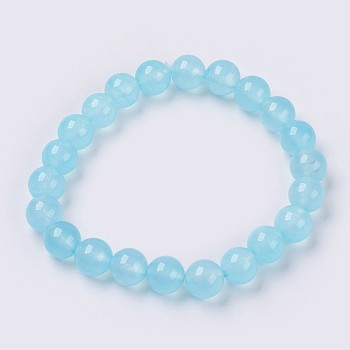 Natural Jade Beaded Stretch Bracelet, Dyed, Round, Pale Turquoise, 2 inch(5cm), Beads: 8mm, about 22pcs/strand