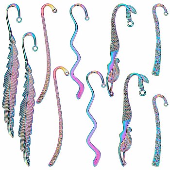 10Pcs 5 Style Alloy Bookmark Findings, with Hole, Feather & Flower & Wave & Leaf, Rainbow Color, 63~115x14~17x1.5~3mm, Hole: 1.2~2.5mm, 2Pcs/style