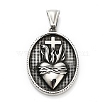 316 Surgical Stainless Steel Pendants, Oval with Heart & Cross Charm, Antique Silver, 36x26.5x4.5mm, Hole: 9x4.5mm(STAS-A123-08AS)
