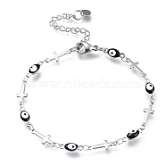 304 Stainless Steel Link Bracelets, with Enamel and Lobster Claw Clasps, Evil Eye & Cross, Stainless Steel Color, Black, 7-1/4 inch(18.5cm)(BJEW-M203-06P-A)