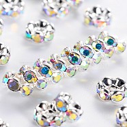 Brass Rhinestone Spacer Beads, Grade AAA, Wavy Edge, Nickel Free, Silver Color Plated, Rondelle, Crystal AB, 5x2.5mm, Hole: 1mm(RB-A014-L5mm-28S-NF)