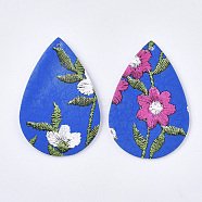 PU Leather Big Pendants, teardrop, with Flower Pattern, Medium Blue, 55x35x2mm, Hole: 2mm(FIND-T058-B05)