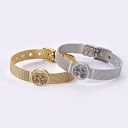 Unisex 304 Stainless Steel Watch Band Wristband Bracelets, with Brass Micro Pave Cubic Zirconia Slider Charms, Flat Round with Word Love, Mixed Color, 8-5/8 inch(21.8cm), 10mm(BJEW-L655-024)