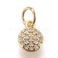 Brass Micro Pave Cubic Zirconia Charms, Lead Free & Cadmium Free, Flat Round, Golden, 8x6x1.5mm, Hole: 3mm(ZIRC-E152-17G-RS)