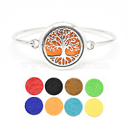 Brass Diffuser Locket Bangles, with Alloy Findings, 304 Stainless Steel Findings and Random Single Color Non-Woven Fabric Cabochons Inside, Magnetic, Flat Round with Tree of Life, Random Single Color, 2-3/8 inch(60mm)(X-BJEW-Q691-11)