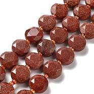 Synthetic Goldstone Beads Strands, with Seed Beads, Faceted Hexagonal Cut, Flat Round, 12~12.5x5~6mm, Hole: 1.2~1.4mm, about 27~29pcs/strand, 15.55~15.75 inck(39.5~40cm)(G-NH0004-003)