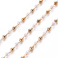 Handmade Brass Beaded Chains, with ABS Plastic Imitation Pearl Beads, Soldered, Spool, Round, Real 18K Gold Plated, 2mm, about 16.4 Feet(5m)/roll(CHC-S012-005B-01)