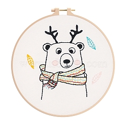 DIY Embroidery Kit, including Embroidery Needles & Thread, Linen Fabric, Instruction Sheet, Christmas Theme, Bear, 210x210mm(DIY-P077-151)