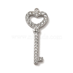 304 Stainless Steel Rhinestone Pendants, Heart Key Charm, Stainless Steel Color, 29x11x2mm, Hole: 1.6mm(STAS-L022-302P)