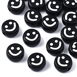 Opaque Acrylic Beads, Flat Round with Smiling Face, Black, 10x4.5mm, Hole: 2mm, about 1580pcs/500g(MACR-S273-70)